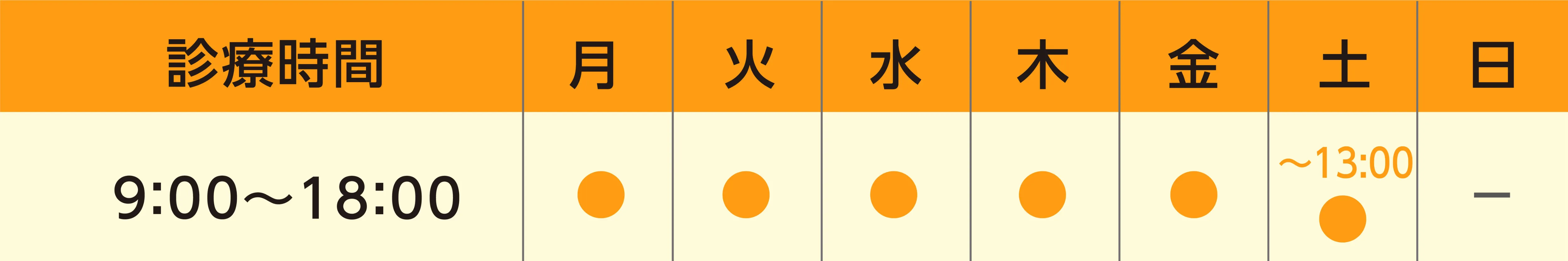 診療時間 9:00~18:00（月～金）9:00~18:00（土）:診療 　日：休診